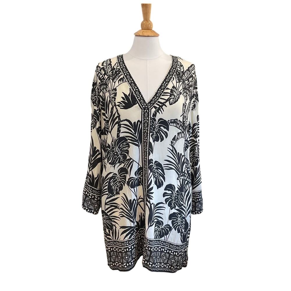 Velvet by Graham & Spencer Tunic Dress Beach Cover Up Black, Cream, Tropical, S